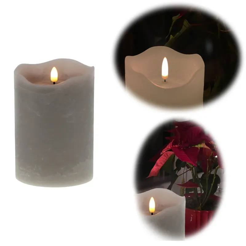 KI-generiertes Bild LED 3D Stumpenkerze Grau 12,5cm Timer Echtwachs flackernde flammenlose Kerze