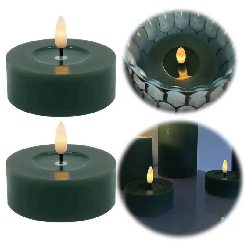 KI-generiertes Bild 2x XL LED 3D Teelichter Ribe Grün 6,8cm Echtwachs Spiegel flackernde flammenlose Kerze