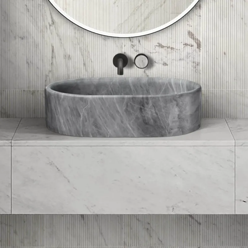 24" Gray Marble Oval Vessel Sink for Bathroom Vanity Countertop