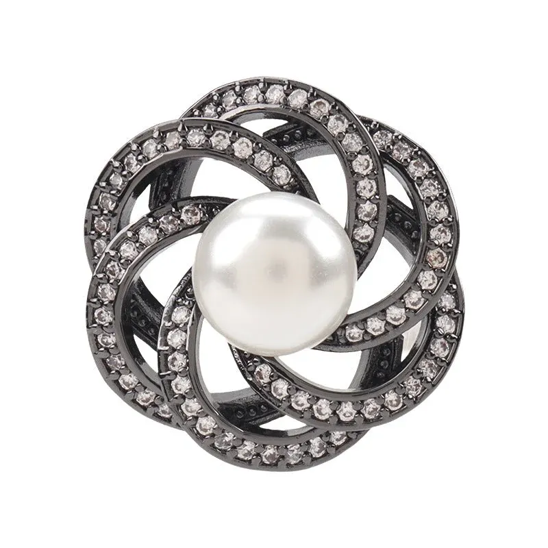 22.5mm Stacked Circular Hollowed Flower Shape Pearl Zircon Copper Button 2pcs
