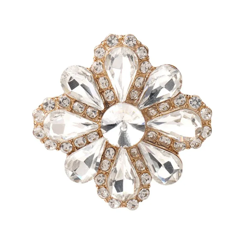 28mm Women's Golden Metal Buttons with Petal Shaped Rhinestones 4pcs