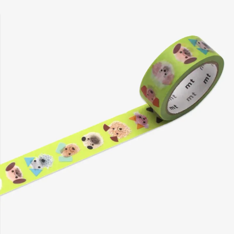 Green washi tape with dog illustrations on a white background