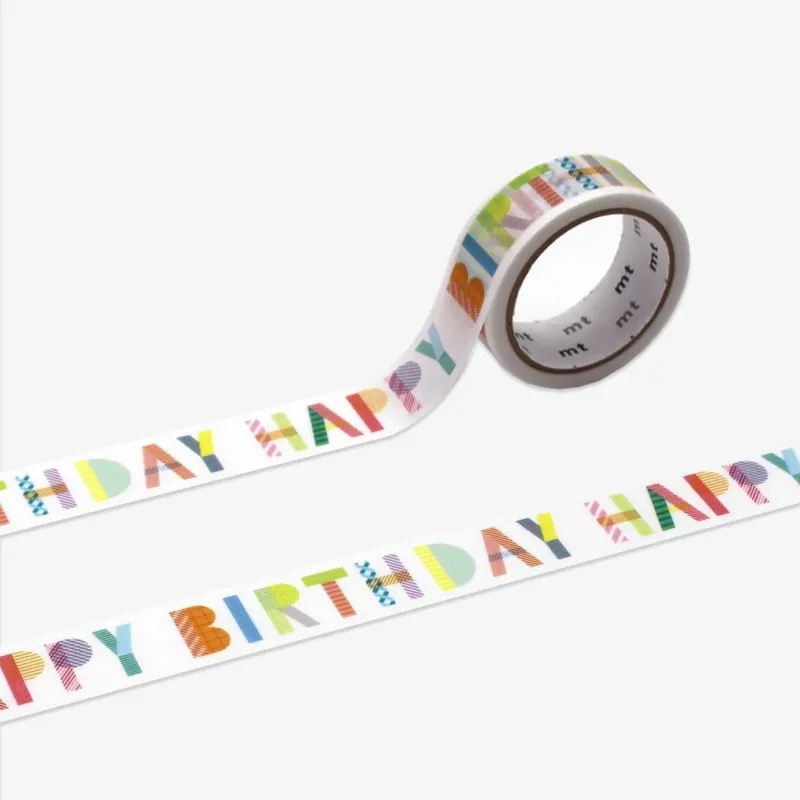 Roll of decorative tape with 'Happy Birthday' text in colorful letters on a white background