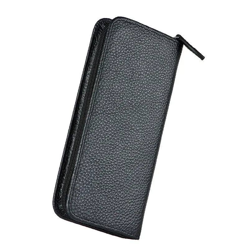 Asvine 3-Pen Top-Grain Cowhide Leather Zipper Fountain Pen Case Black