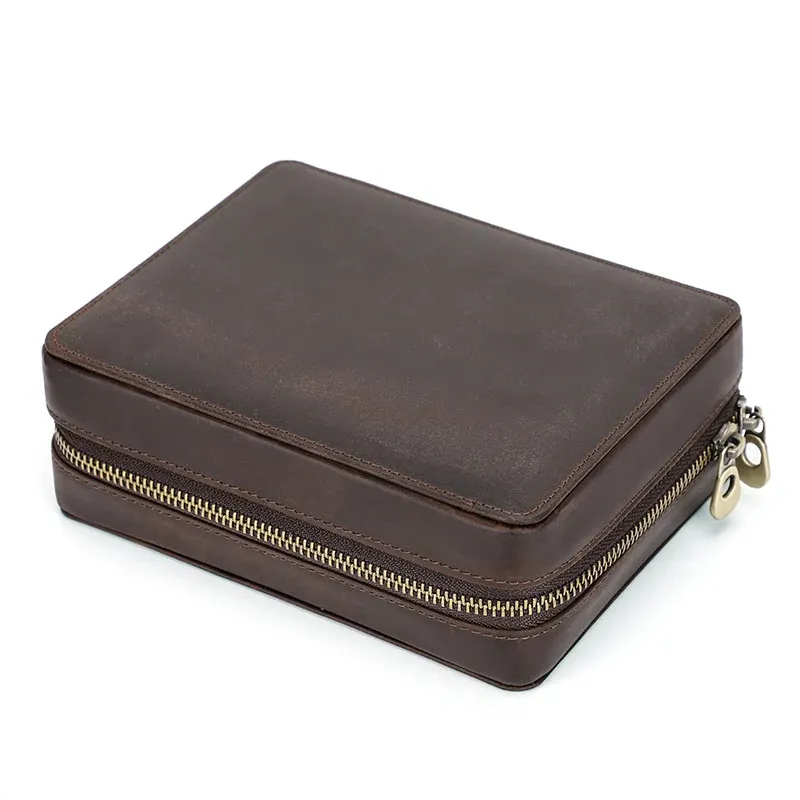 4-Slot Vintage Crazy Horse Leather Watch Box Case with Card Slots