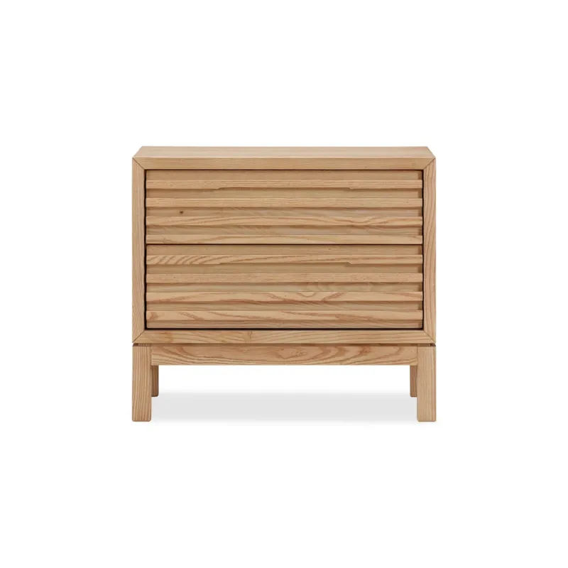 Beistelltisch – Massives Eschenholz, Lamellen Frontdesign, Zwei Schubladen, Flaxen Farbton – Tanner | Modus Furniture International
