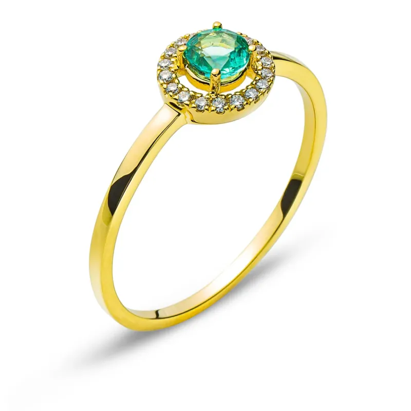 Ring Gelbgold 750 mit rundem Smaragd und Brillanten