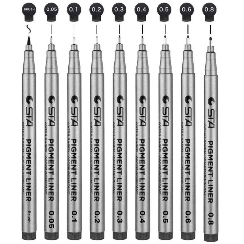 STA 9 Fineliner Black Ink for Art Technical Drawing Writing Engineering Sketching Architecture Manga