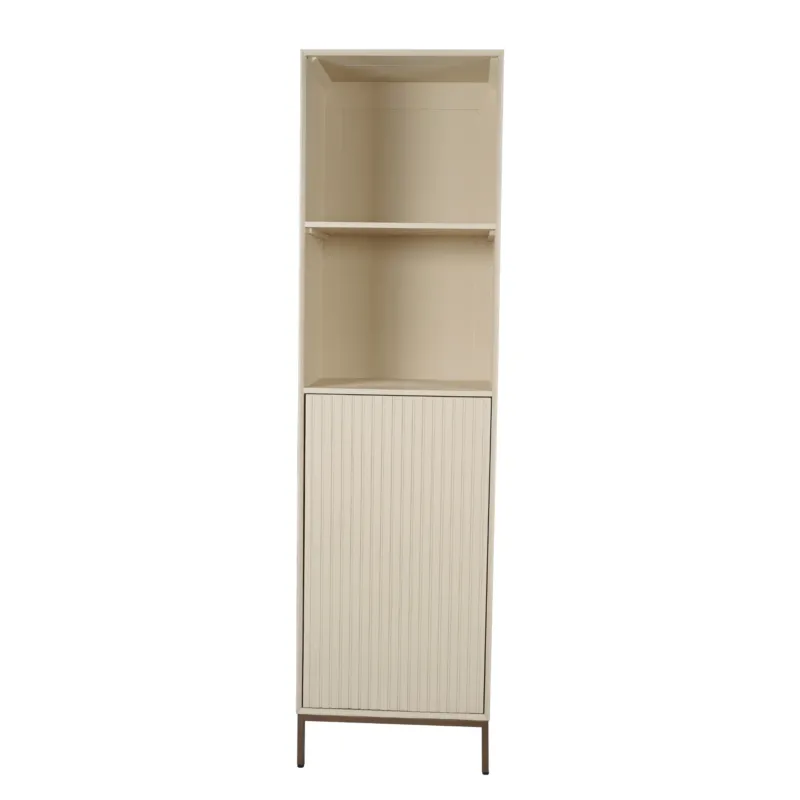 Bücherregal - Sandfarbenes Mangoholz, Vertikale Lamellenfront, Bronzefarbenes Metallgestell, 55 cm – Madison | Starfurn