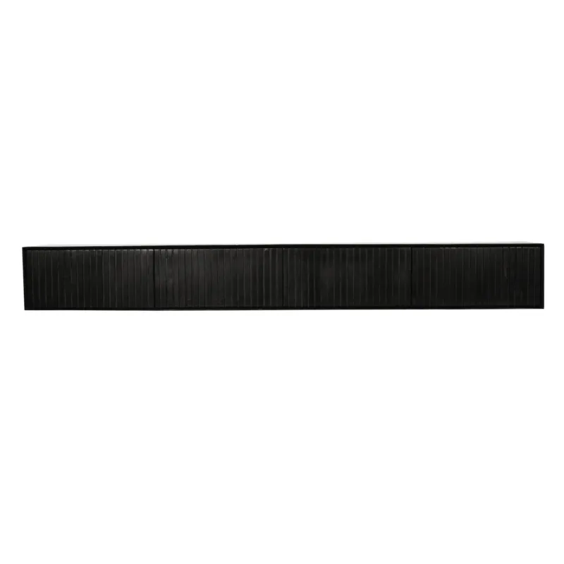 Schwebendes TV-Möbel - Schwarzes Mangoholz, Vertikale Lamellenfront, Grifflose Türen, 240 cm – Madison | Starfurn
