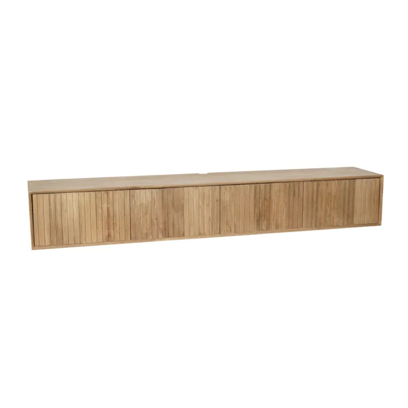 Schwebendes TV-Möbel - Naturfarbenes Mangoholz, Vertikale Lamellenfront, Grifflose Türen, 200 cm – Madison | Starfurn