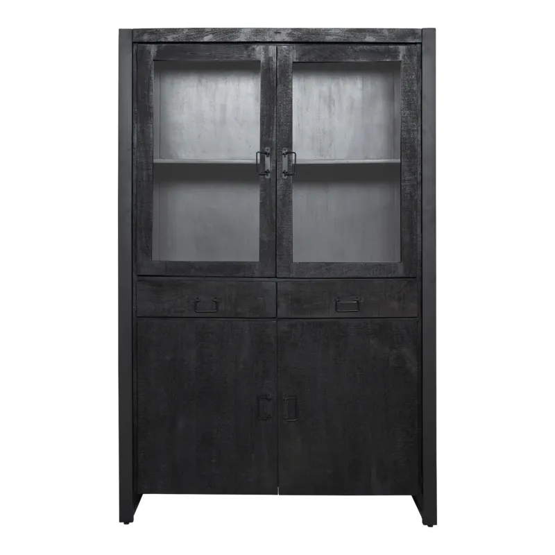 Vitrinenschrank - Mangoholz Schwarz, Glastüren, Schwarze Griffe, 115 cm – Boaz | Starfurn