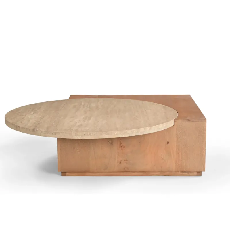 Couchtisch – Travertin Naturstein Platte, Massives Mangoholz, Organisches Design - Numa | Starfurn