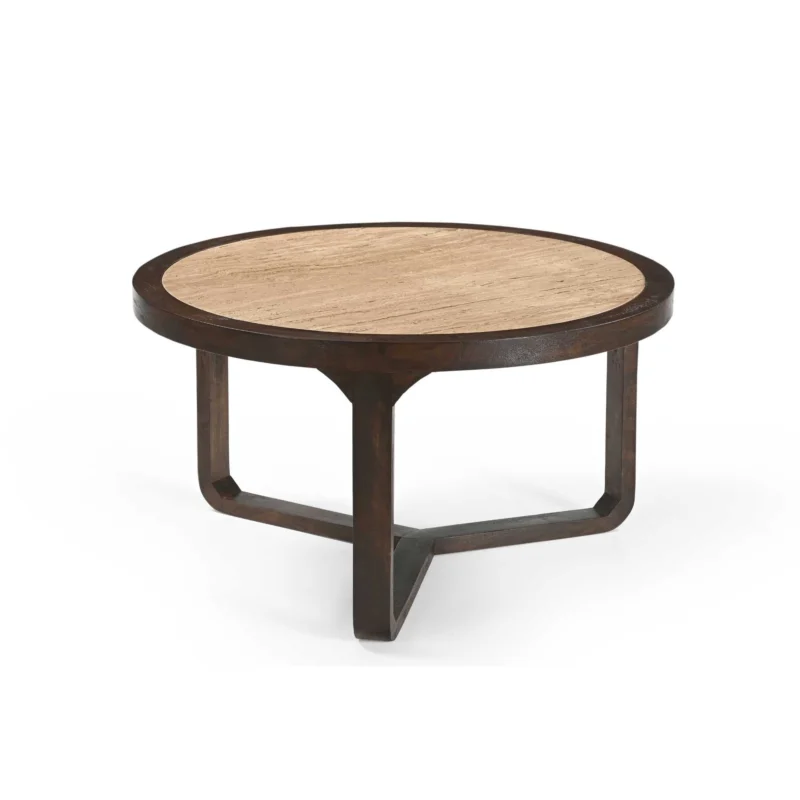 Couchtisch - Travertin Platte, Mangoholz Braun, Runde Form, 75 cm – Morris | Starfurn