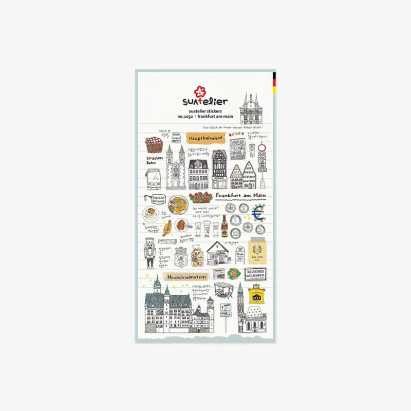 Sheet of stickers with various illustrations from Frankfurt on a white background