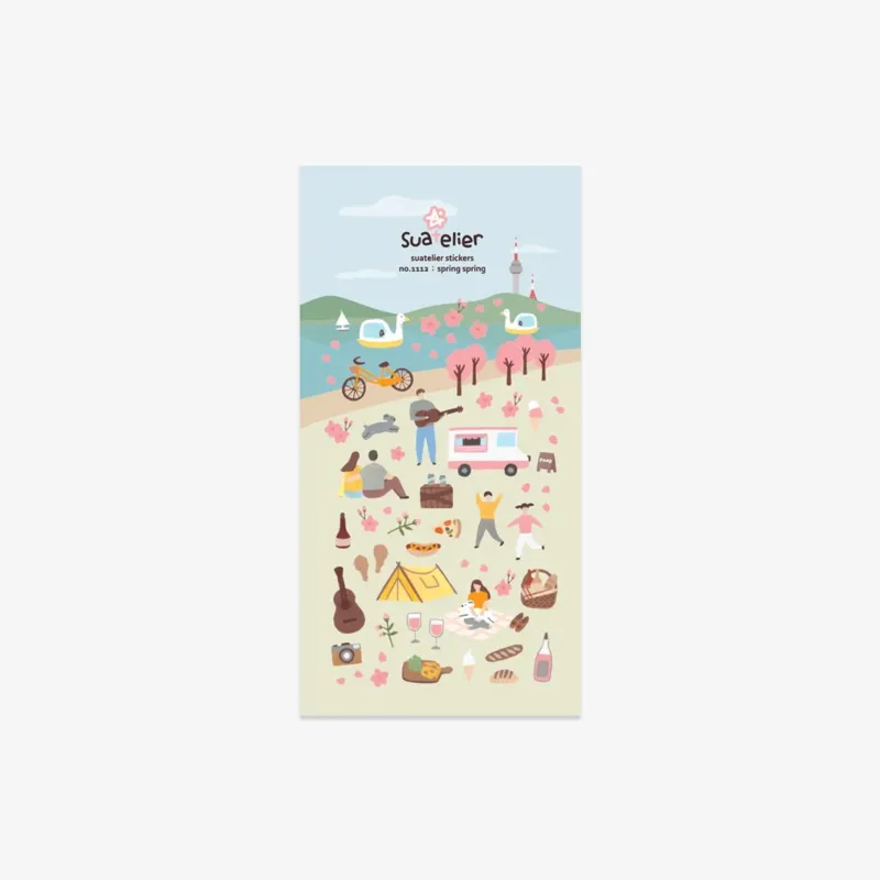 Pack of stickers with various spring illustrations on a light blue and beige background