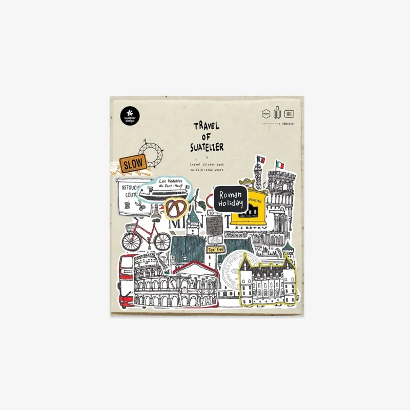 Packaging of 'Travel of Suitcases' stickers with illustrations and text on a beige background