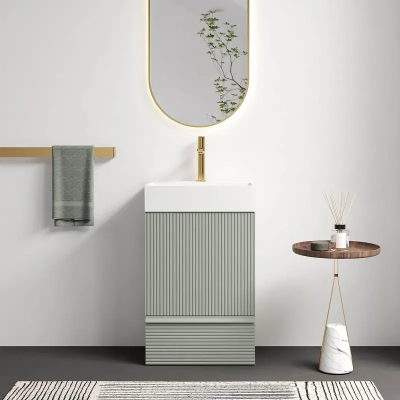 20" Fluted Light Green Freestanding Bathroom Vanity with White Ceramic Sink