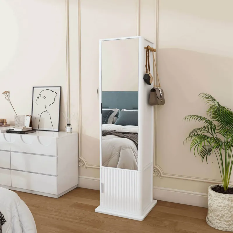 White rotating mirror cabinet for bedroom outfit fitting
