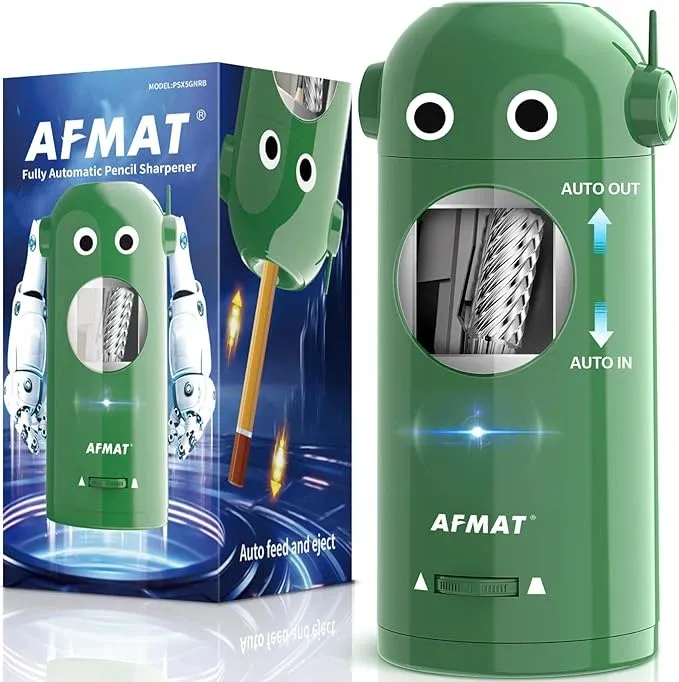 Available in the UK:AFMAT PSX5RB Electric Pencil Sharpener for Colored Pencils 7-11.5mm, Auto in&Out, Robot Fully Automatic Rechargeable Pencil Sharpener with Container, for Large Pencils,Home,Classroom, Battery Operated,Green
