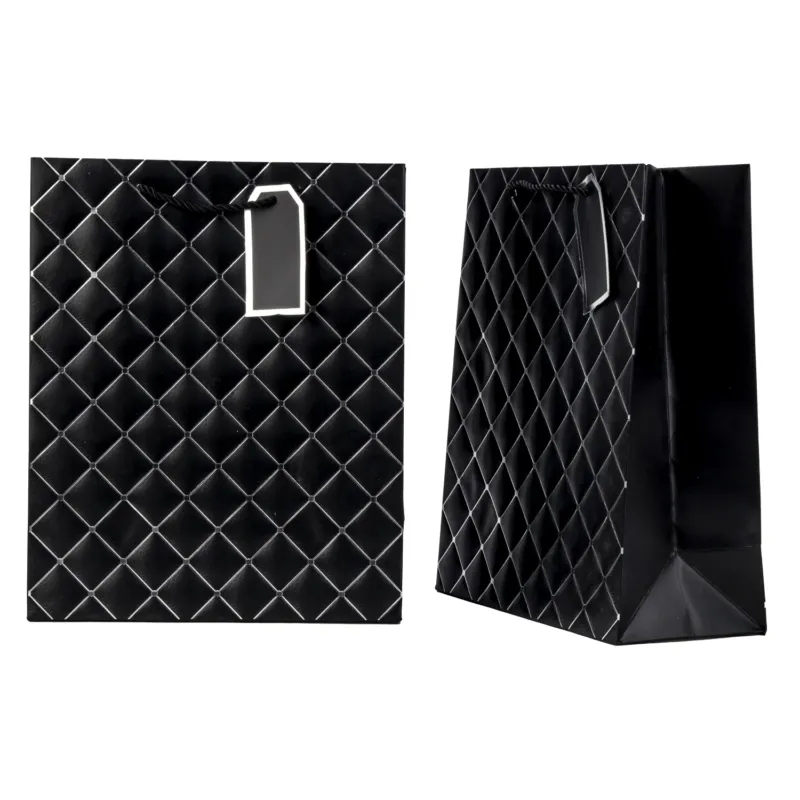 4er Set Geschenktasche Schwarz Silber Karo Papier mit Kordelgriff 32 cm elegante Geschenkverpackung