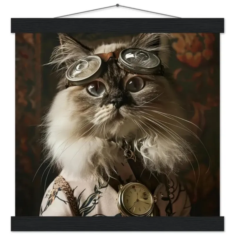 Schoolposter - Himalaya-Katze, hellrosa Mantel, Blumenmuster, goldene Taschenuhr, Silber-Brille | St Tropez Art