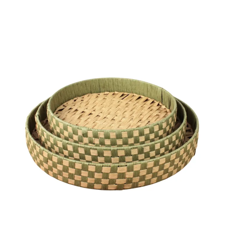 3er Set Dekotablett Jute Papier Grün Braun Tablett rund Tablettset modern