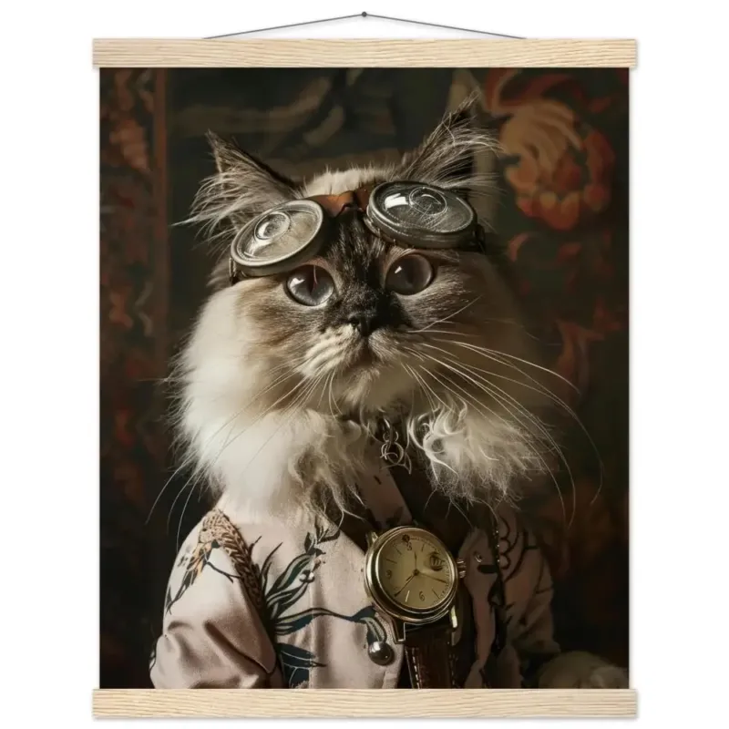 Schoolposter - Himalaya-Katze, hellrosa Mantel, Blumenmuster, goldene Taschenuhr | St Tropez Art