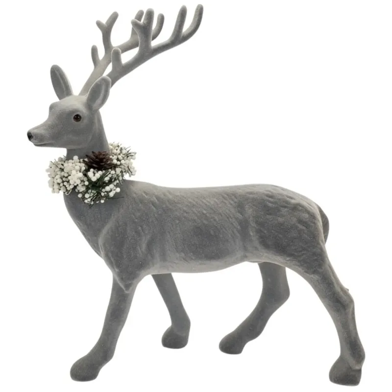 Dekohirsch Grau Kunststoff beflockt Dekofigur Weihnachten Winter Hirsch Deko