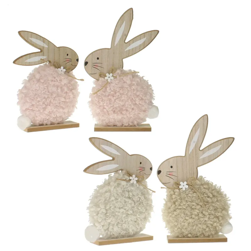 2er Set Holzhase mit Kunstfell Beige oder Rosa