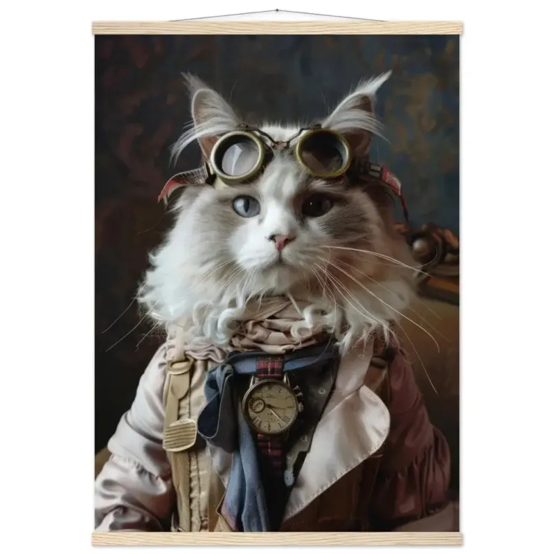 Schulposter - Steampunk-Vintage LaPerm Katzenmotiv, mattes FSC-Papier, magnetische Holzleisten | St Tropez Art