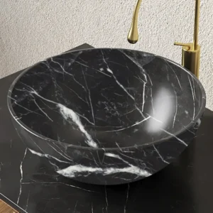 14" Black ceramic bowl above-counter vessel sink with stone pattern prominent marble-like texture