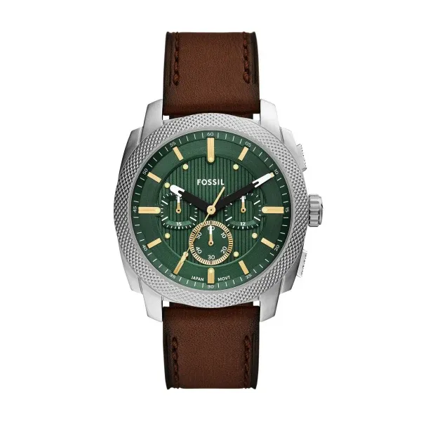 Fossil Machine 44mm Leder Chronograph Herrenuhr in Silber, Grün - FS6100