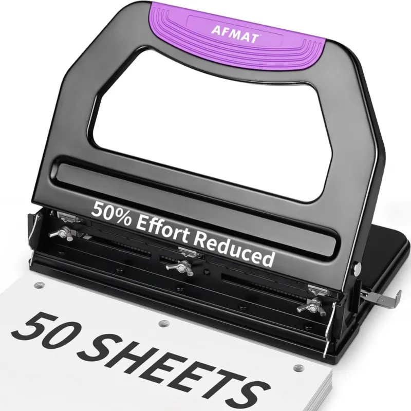 AFMAT 3 Hole Punch Heavy Duty, 9/32" Holes, 50-Sheet Hole Puncher 3 Ring, 50% Reduced Effort, Adjustable Two & Three Hole Punch, Metal Paper Puncher w/Large Chip Tray, Metal Paper Guide,HP18BP
