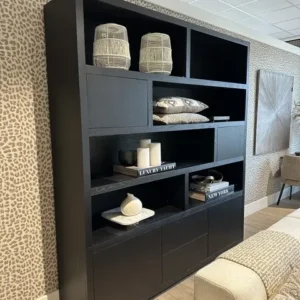 Schrank modern schwarz, Schrank schwarz mit vier Türen und zwei Schubladen, Wohnzimmerschrank schwarz Holz, Breite 200 cm