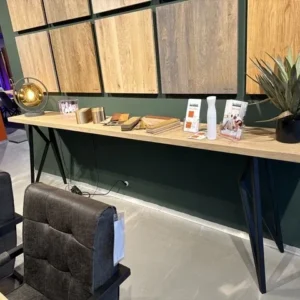 Konsole Eiche massiv Platte, Konsole Metall-Gestell Holz Tischplatte, Wandtisch Eiche massiv, Breite 220 cm