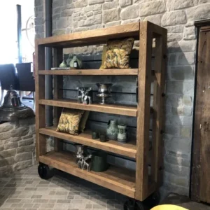 Bücherregal Altholz, Regal Altholz auf Rollen Industrie, Regal auf Rädern Metall Holz, Breite 180 cm