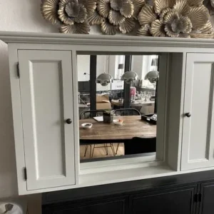 Spiegelschrank grau Massivholz, Badezimmer Spiegel grau Landhausstil, Maße 131 x 80 cm