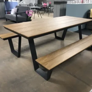 Gruppensitzbank braun-anthrazit, Sitzgruppe Aluminium anthrazit, Picknick Sitzgruppe anthrazit, Gartentisch mit Bank anthrazit, Picknickbank Holzoptik anthrazit, Breite 200 cm