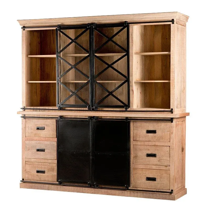 Geschirrschrank Massivholz, Wohnzimmerschrank Holz Metall, Küchenschrank Holz Metall, Breite 160 cm
