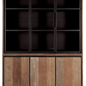 Vitrine Massivholz, Vitrinenschrank Metall-Türen, Geschirrschrank Metall Holz, Breite 140 cm