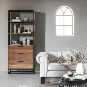 Bücherregal schwarz-Naturholz, Schrank-Regal schwarz, Schrank mit Schubladen schwarz, Breite 80 cm